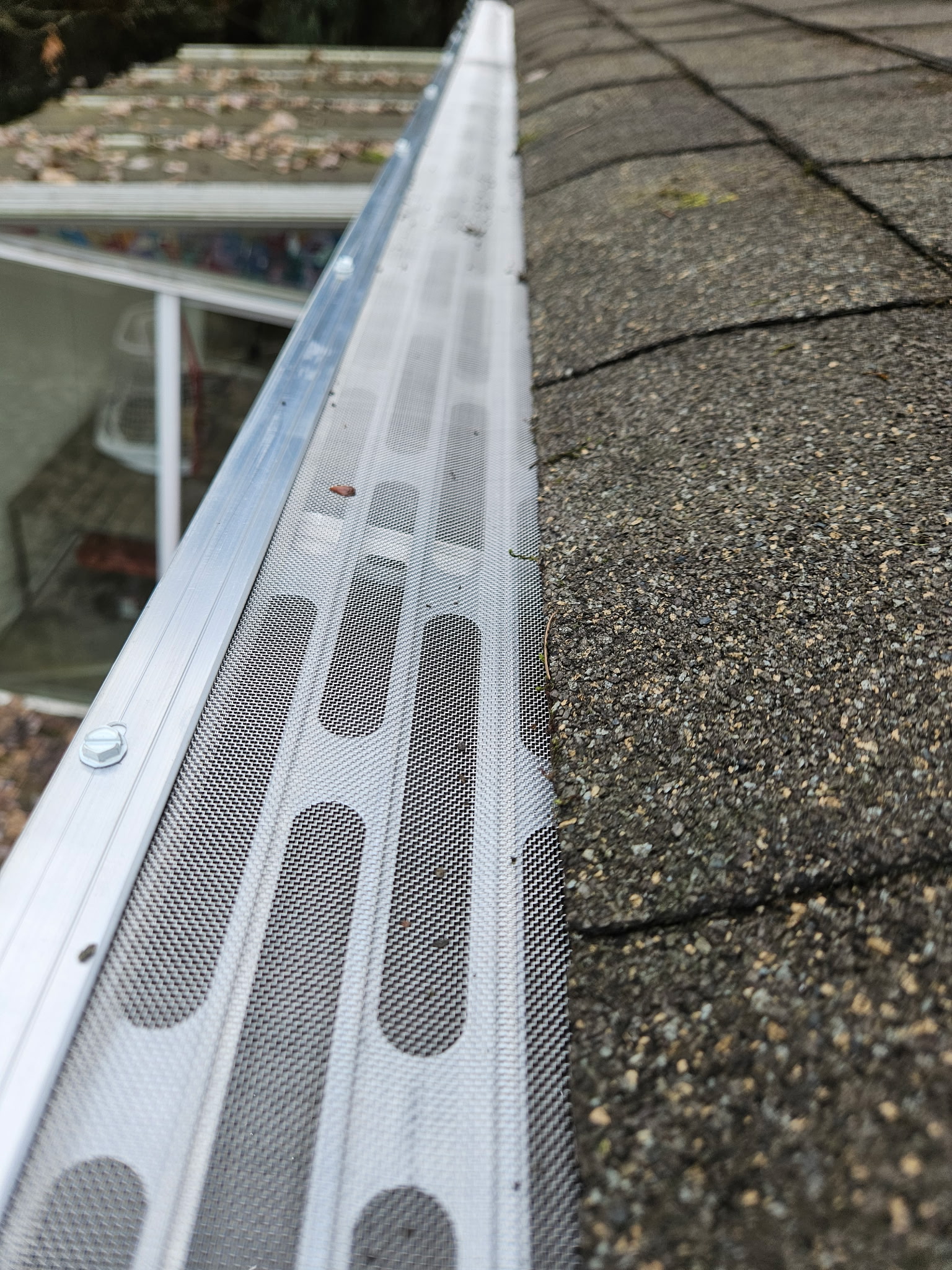 Close-up of a stainless micro-mesh gutter guard fitted over an aluminium gutter at a shingled roof edge.